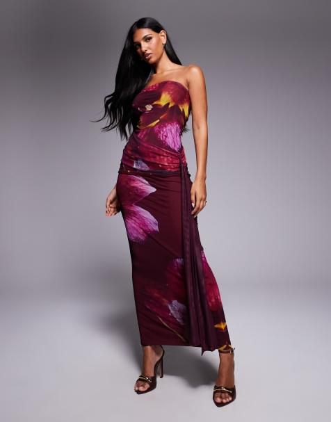 Kaiia - Exclusive - Maxi bandeau-jurk van gelaagde gladde mesh met gestrikte zijkant, gedrapeerd detail en bloemenprint in 'midnight plum' - view 1