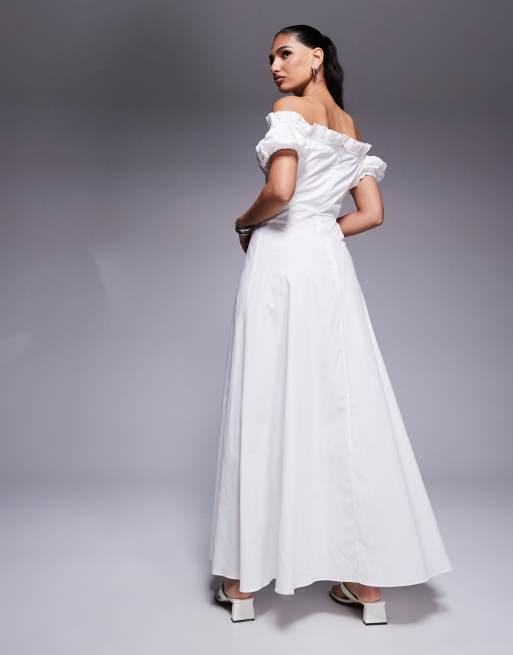 Kaiia - Exclusive - Maxi bardotjurk van katoenrijk popeline met pofmouwen in wit  , 3 van 4