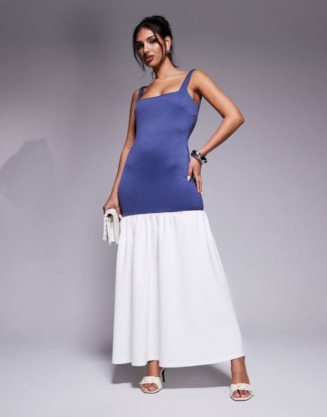 Kaiia - Exclusive - Maxi jurk met vierkante hals, verlaagde taille en contrast in donkerblauw en crème - view 1