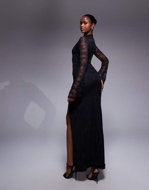 Kaiia - Exclusive - Maxi jurk van kant met uitsnijding, lange mouwen en zijsplit in zwart, 4 van 4