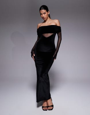 Kaiia - Exclusive - Maxikleid aus Samt in Schwarz mit umgeschlagenem Carmen-Ausschnitt und transparenten Ärmeln