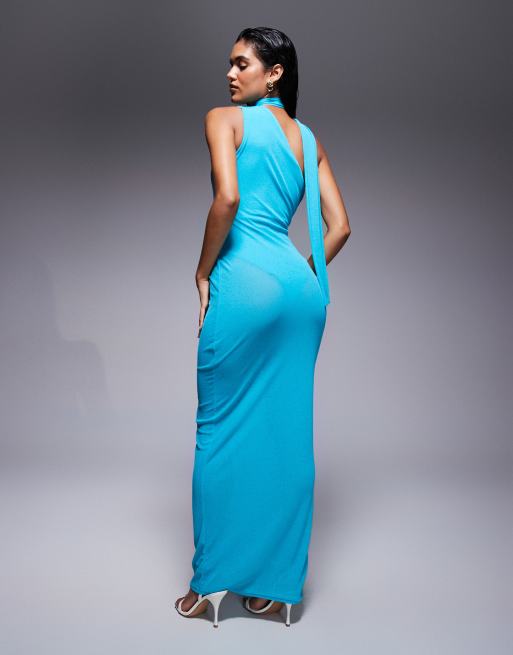 Kaiia – Exclusive – Maxikleid in Aquamarin aus transparentem Mesh mit One-Shoulder-Design und Schal-Detail, 4 von 4