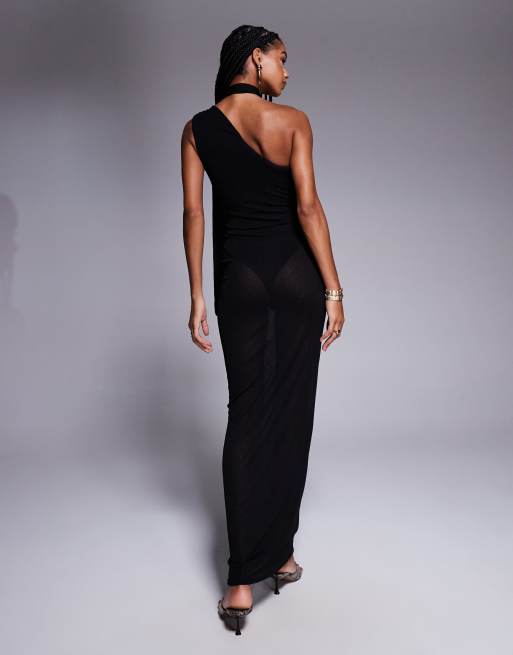 Kaiia – Exclusive – Maxikleid in Schwarz aus transparentem Mesh mit One-Shoulder-Design und Schal-Detail, 3 von 4