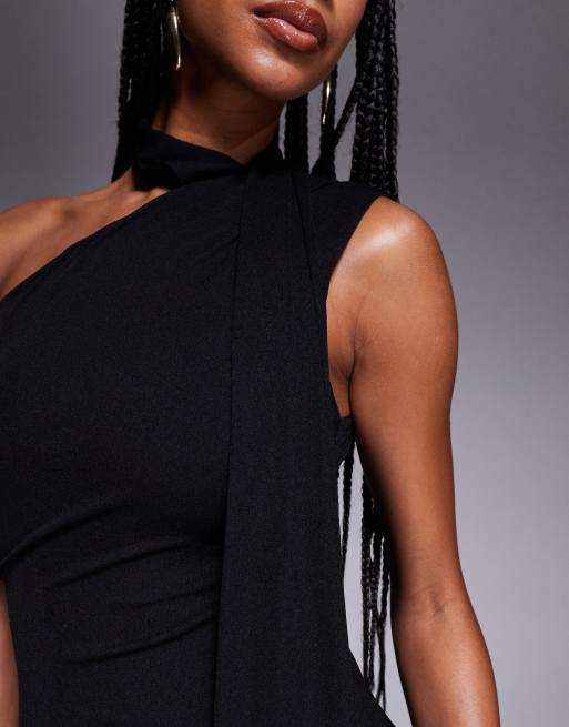Kaiia – Exclusive – Maxikleid in Schwarz aus transparentem Mesh mit One-Shoulder-Design und Schal-Detail, 4 von 4