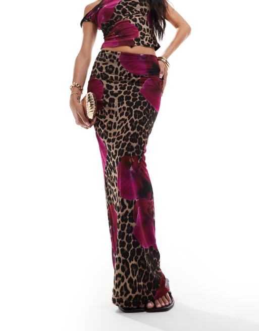 Kaiia Exclusive mesh column maxi skirt in pink flower and