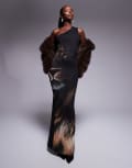 [Kaiia] Kaiia exclusive mesh leopard print maxi dress with asymmetric knot back cut out detail in black 14 BLACK