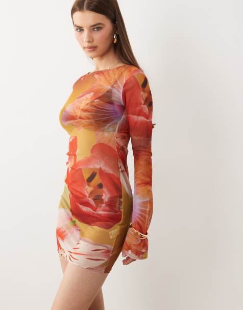 Kaiia exclusive mesh long sleeve mini dress in pink ombre floral - view 1