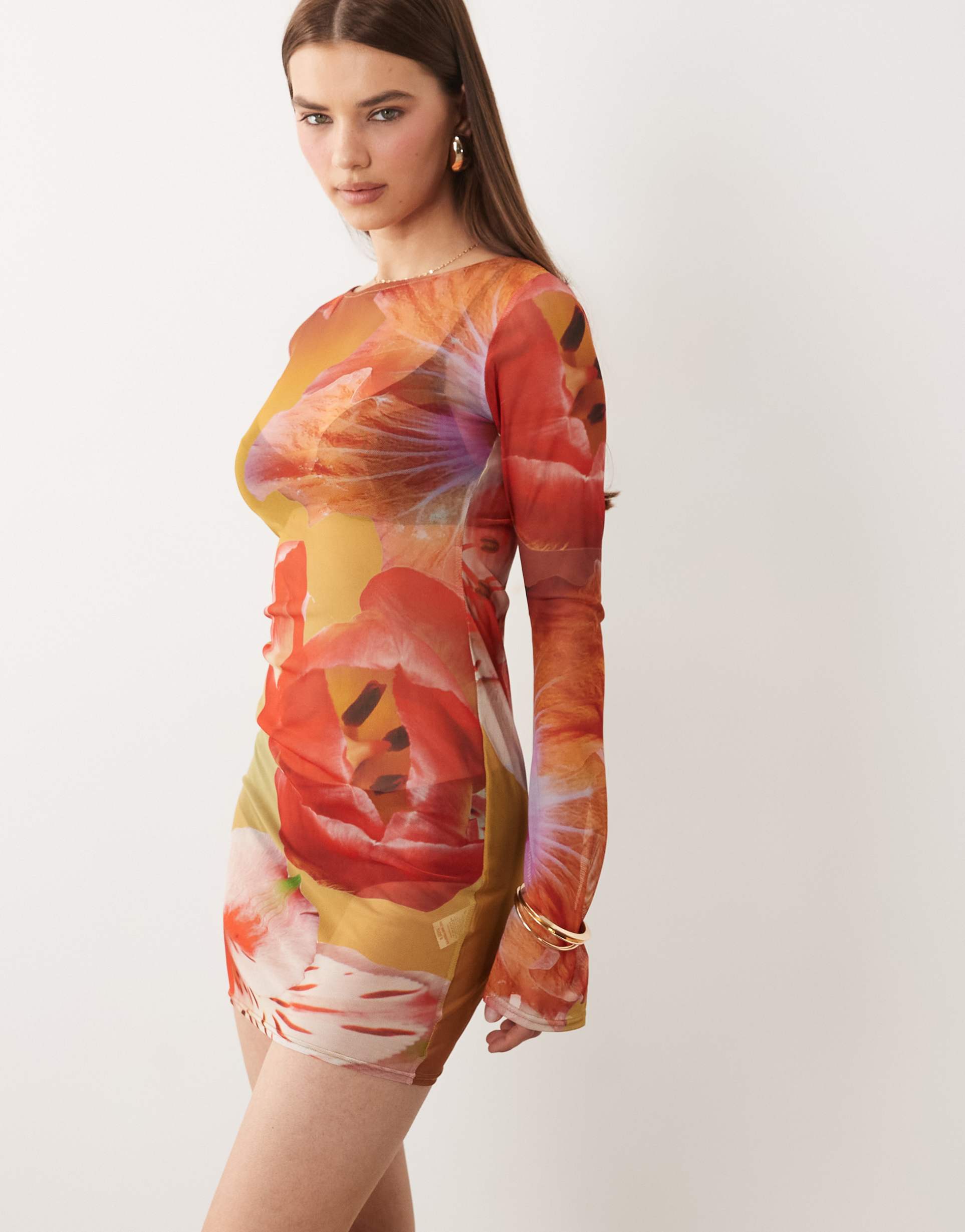 kaiia exclusive mesh long sleeve mini dress in pink ombre floral