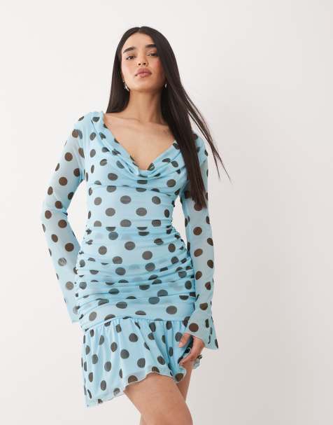 Kaiia Exclusive mesh overlay long sleeve cowl neck asymmetric hem mini dress in blue and black polka dot - view 1