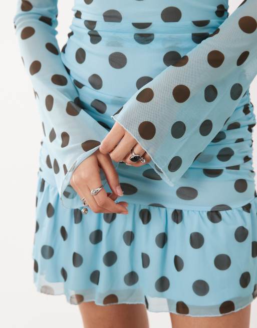 Kaiia exclusive mesh overlay long sleeve cowl neck asymmetrical hem mini  dress in blue and black polka dot | ASOS