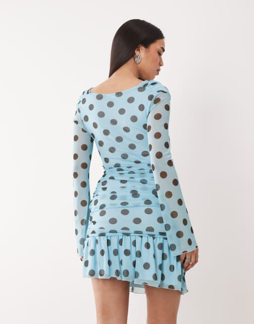 Kaiia exclusive mesh overlay long sleeve cowl neck asymmetrical hem mini  dress in blue and black polka dot | ASOS
