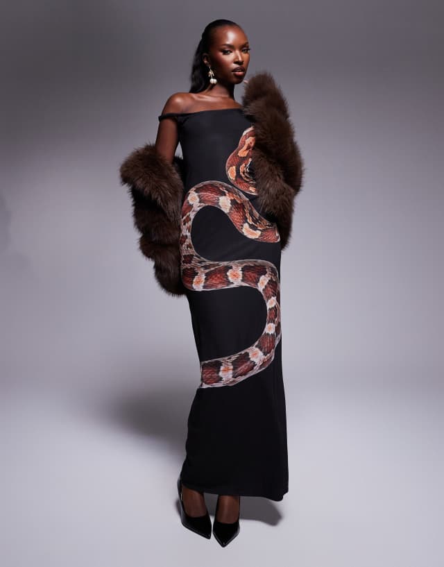 Kaiia exclusive mesh snake print twisted shoulder maxi dress in
