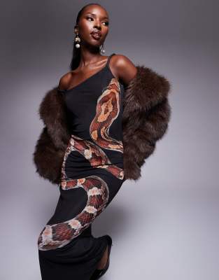 Kaiia Exclusive Mesh Snake Print Twisted Shoulder Maxi Dress In Black