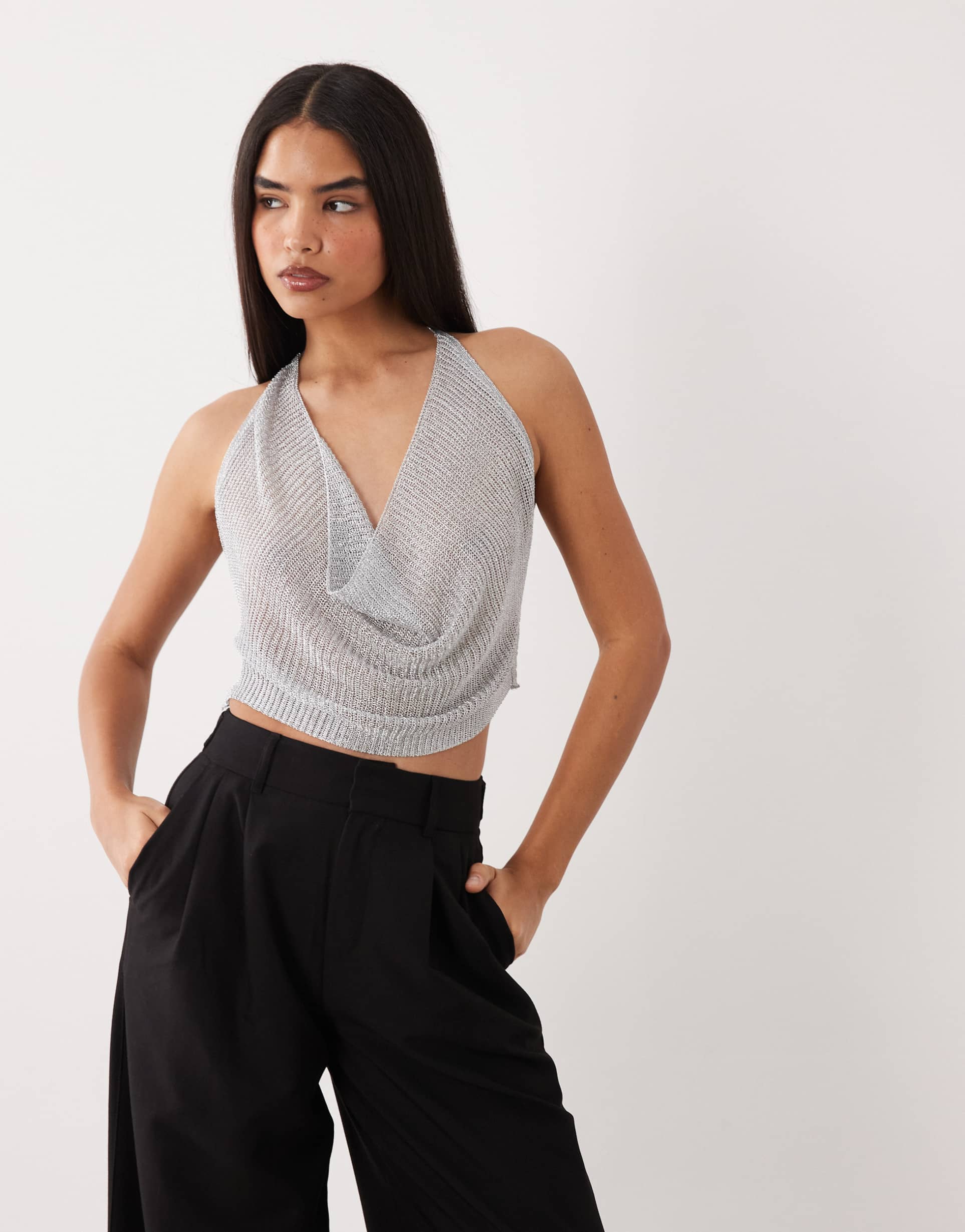 kaiia exclusive metallic crochet cowl neck top in silver