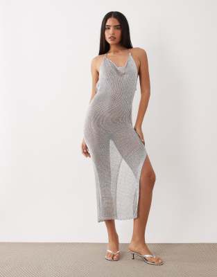 Kaiia exclusive metallic crochet thigh slit midaxi dress in silver