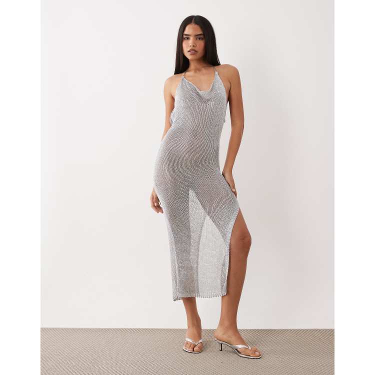 always shining strappy embellished midaxi dress in silver Oh Polly Always Shining Strappy Embellished Midaxi