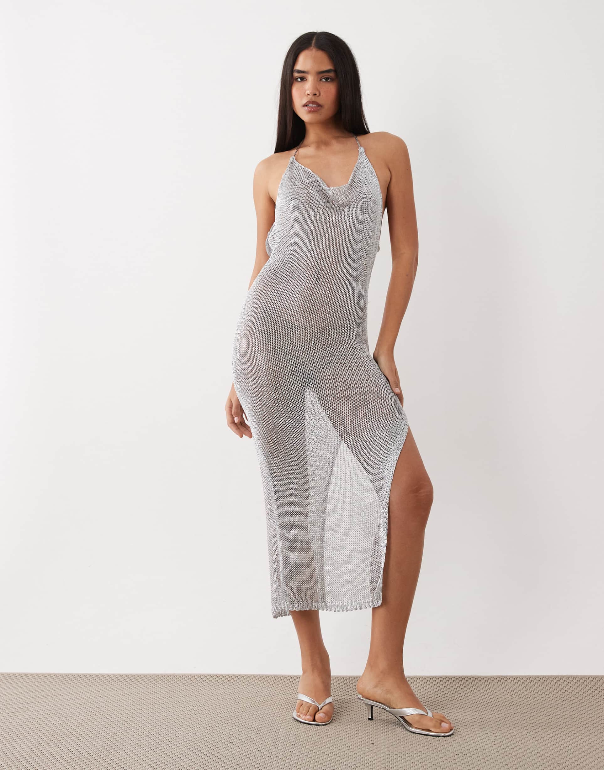 kaiia exclusive metallic crochet thigh slit midaxi dress in silver
