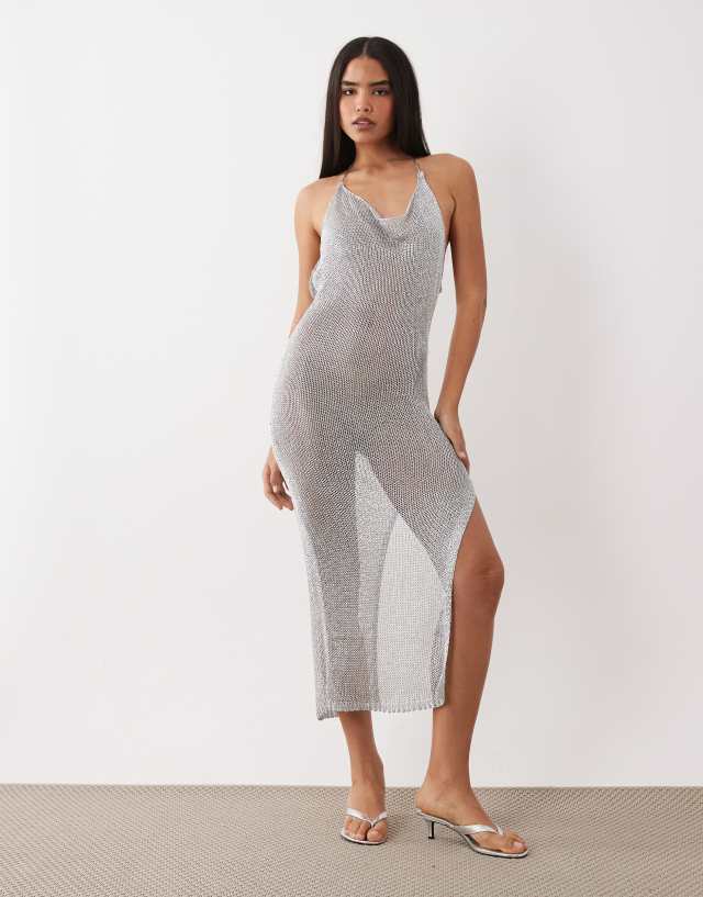 Kaiia exclusive metallic crochet thigh slit midaxi dress in silver