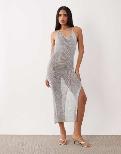 Kaiia - Exclusive - Metallic gehaakte maxi jurk met dijsplit in zilver - view 1