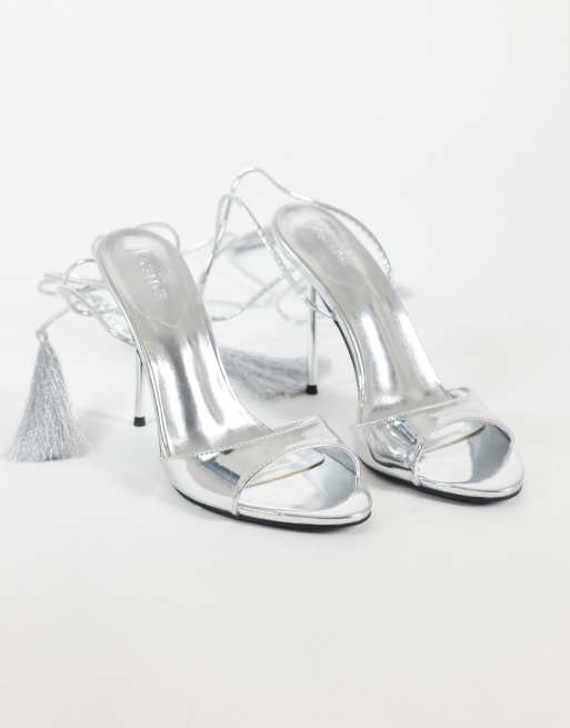 Kaiia exclusive metallic lace up fringe detail heels in silver, 4 of 4