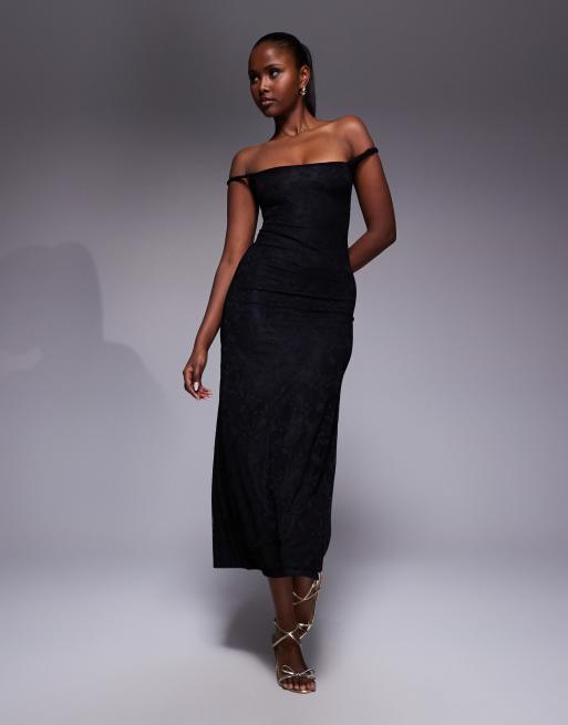 Kaiia - Exclusive - Midaxi-jurk van gelaagde gladde stof en kant met gedraaide bandjes en blote schouders in zwart