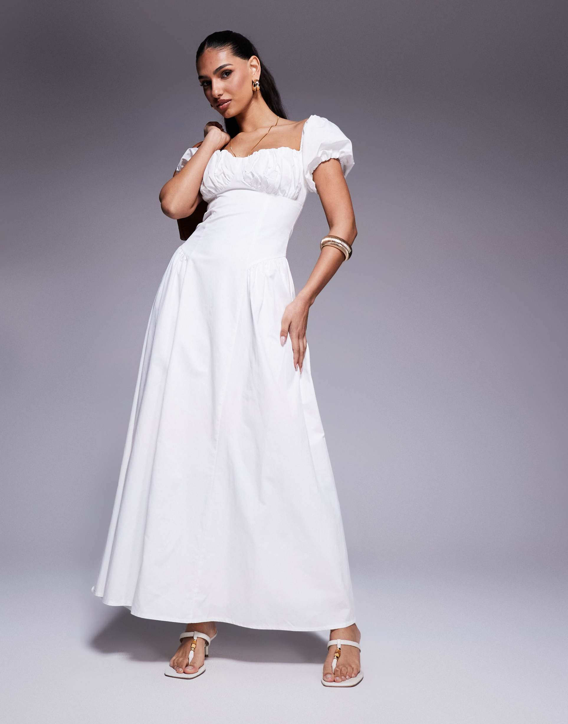 kaiia exclusive milkmaid puff sleeve maxi dress in cream