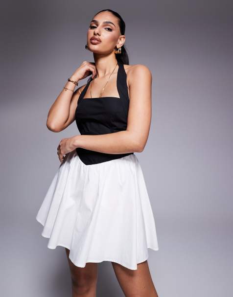 Kaiia – Exclusive – Minikleid in Schwarz mit eckigem Neckholder-Ausschnitt und kontrastierendem Rock in Weiß - view 1