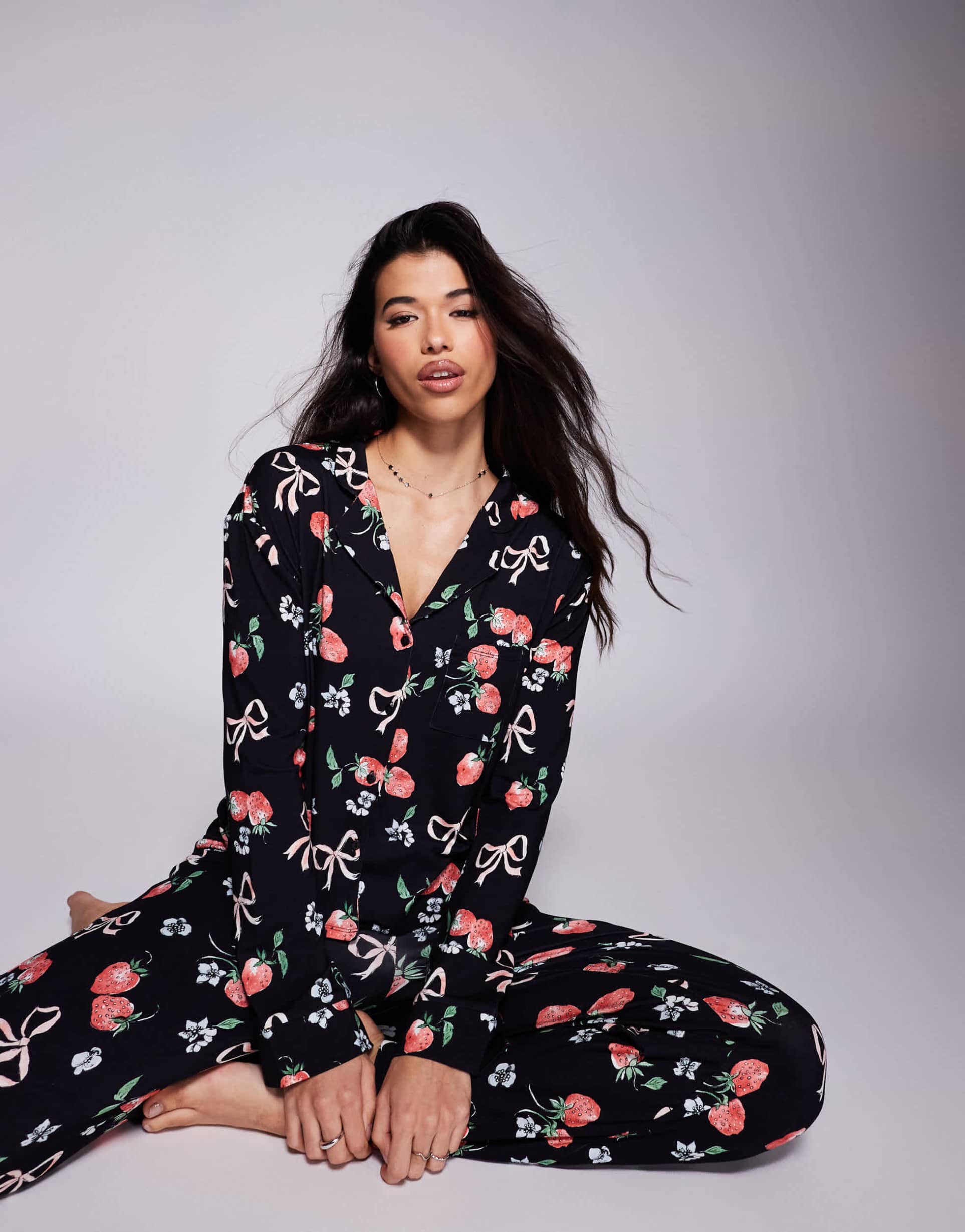 kaiia exclusive mix and match cropped button through pajama top in dark base strawberry bow print - part of a set