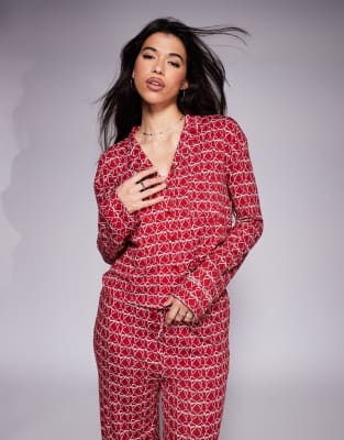 Kaiia Kaiia exclusive mix and match cropped button through pyjama top co-ord in burgundy bow print-Multi