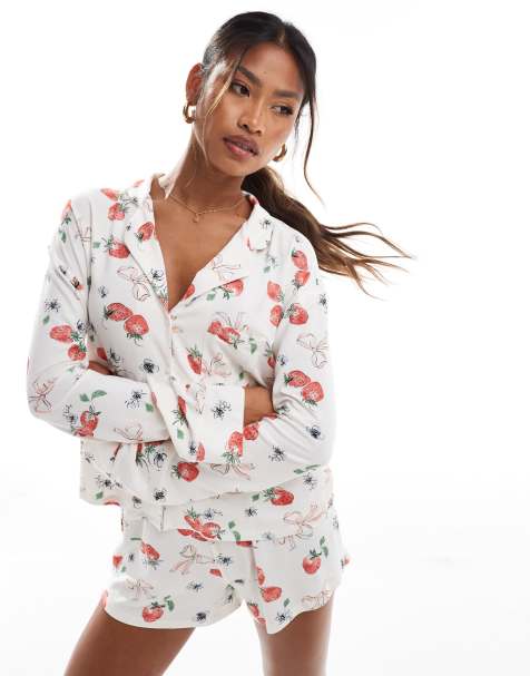 Kaiia exclusive mix and match cropped long sleeve pj shirt co-ord in strawberry and bow print - view 1