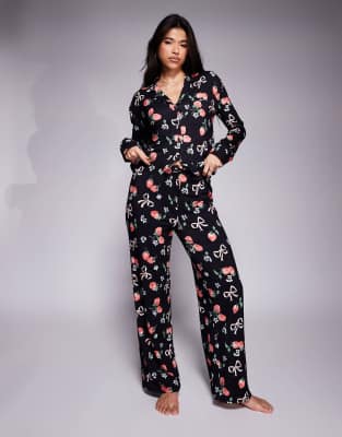 Exclusive mix and match pajama bottoms in dark base strawberry bow print - part of a set-Multi