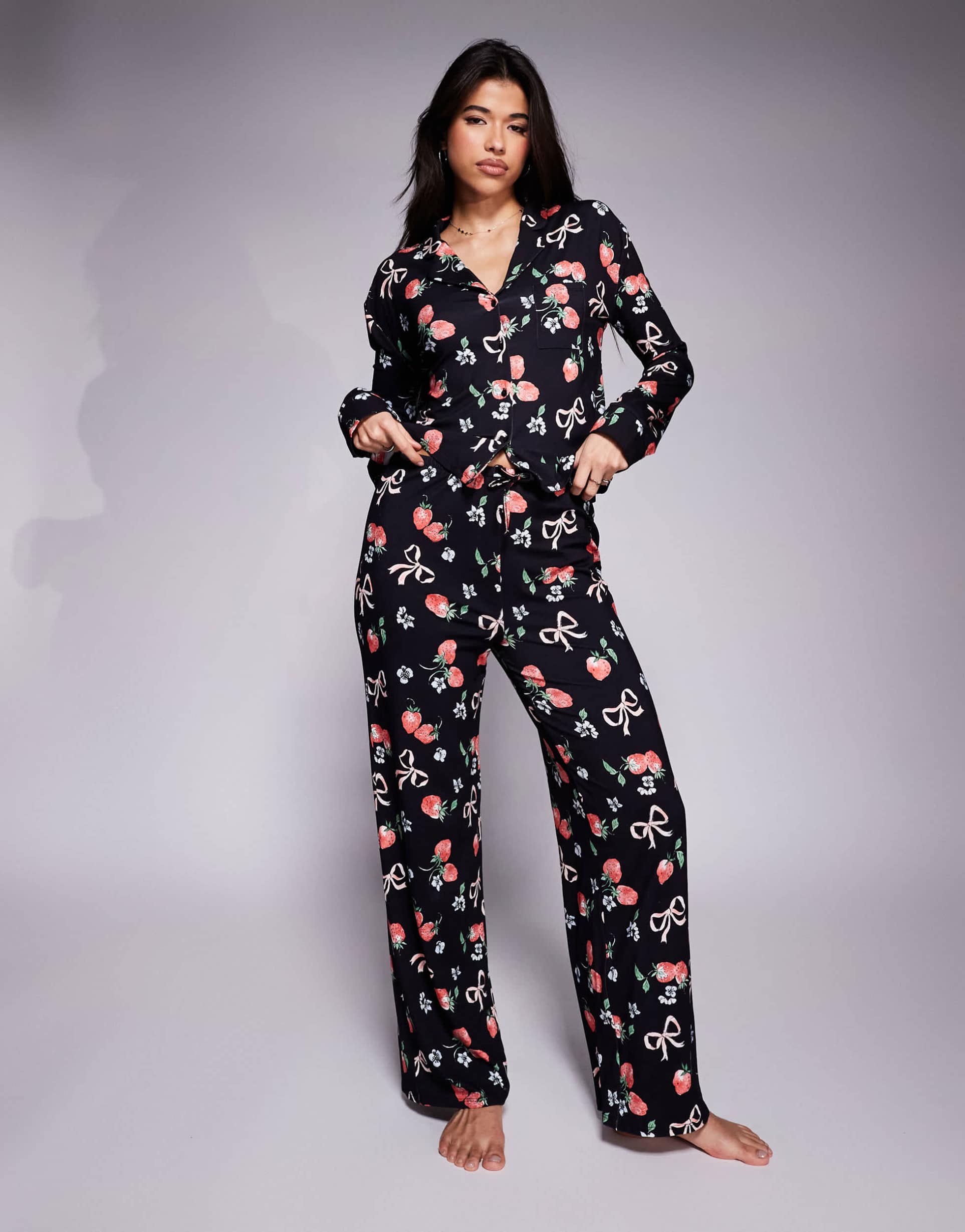 kaiia exclusive mix and match pajama bottoms in dark base strawberry bow print - part of a set