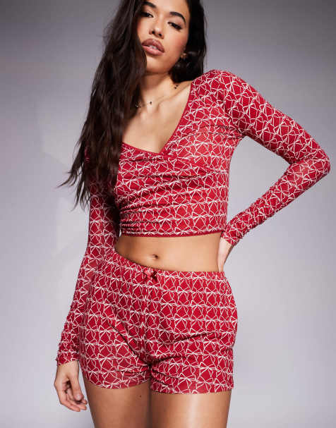 Kaiia exclusive mix and match pj shorts co-ord in burgundy bow print - view 1