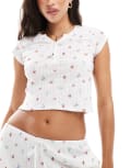 [Kaiia] Kaiia exclusive Mix and Match pointelle short sleeve button through pyjama top in cream ditsy-Multi 10 WHITE