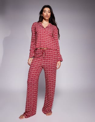Kaiia exclusive mix and match pyjama bottoms co-ord in burgundy bow print-Multi