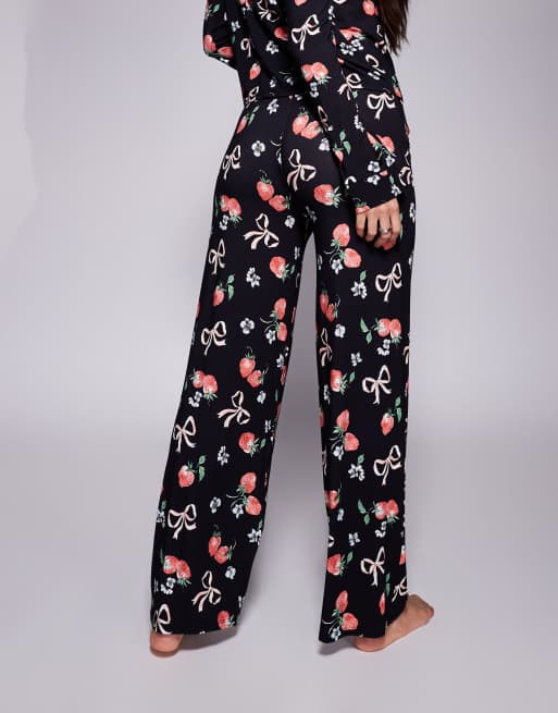 Kaiia exclusive mix and match pyjama bottoms co-ord in dark base strawberry bow print, 4 of 4