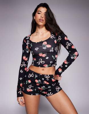 exclusive mix and match scoop neck pajama top in dark base strawberry bow print - part of a set-Multi