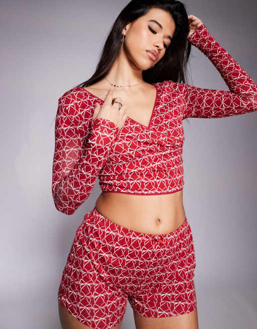 Kaiia exclusive Mix and Match wrap front pyjama top in burgundy bow print (part of a set)