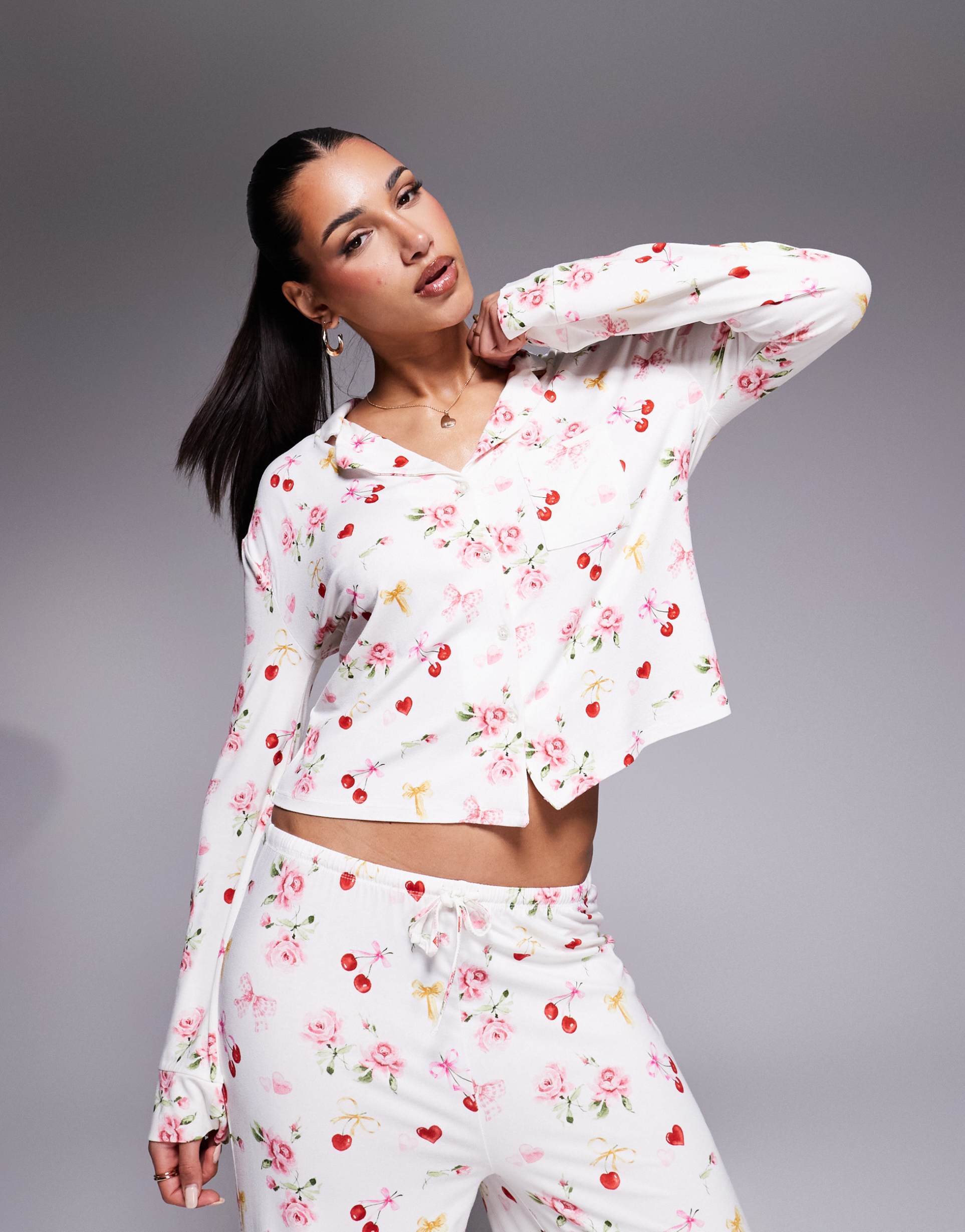 kaiia exclusive mix & match pajama shirt in cherry rose bow print - part of a set