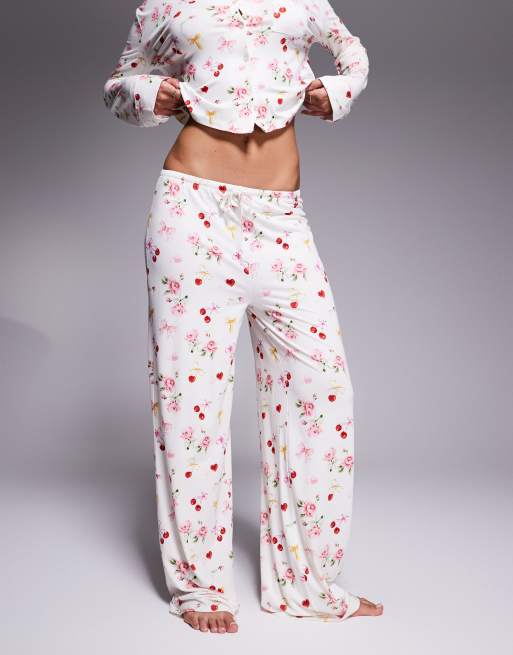 Kaiia exclusive mix & match pyjama bottoms co-ord in cherry rose bow print