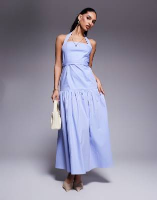 Kaiia - Exclusive - Neckholder-Maxikleid aus Popeline mit hohem Baumwollanteil in zartem Blau mit Bindeband und tiefer T...