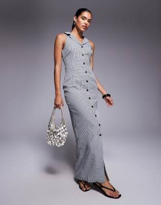 Kaiia - Exclusive - Neckholder-Maxikleid in Schwarz mit Kragen, Knopfleiste und Vichykaro