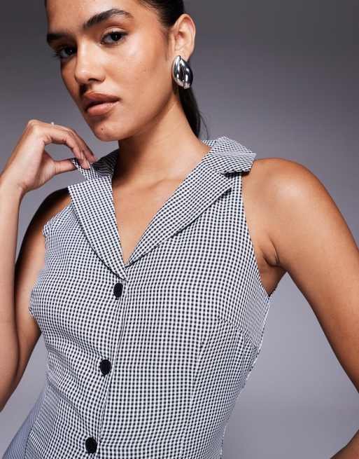 Kaiia – Exclusive – Neckholder-Maxikleid in Schwarz mit Kragen, Knopfleiste und Vichykaro, 2 von 4