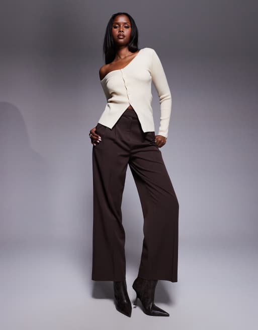 トップス Elf button knit tops beige Kaiia Exclusive off-shoulder button split front long sleeve knit