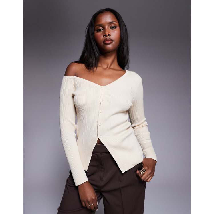 Kaiia exclusive off shoulder button split front long sleeve