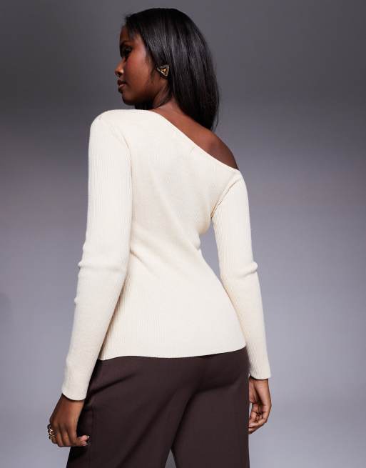 Kaiia exclusive off shoulder button split front long sleeve knitted top in cream, 2 of 4