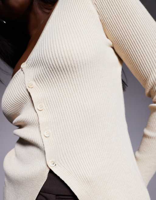 Kaiia exclusive off shoulder button split front long sleeve knitted top in cream, 4 of 4