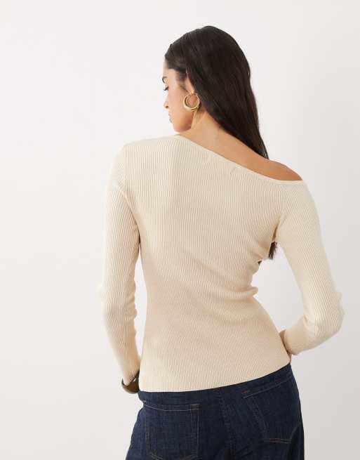 Kaiia exclusive off shoulder button split front long sleeve knitted top in cream, 4 of 4