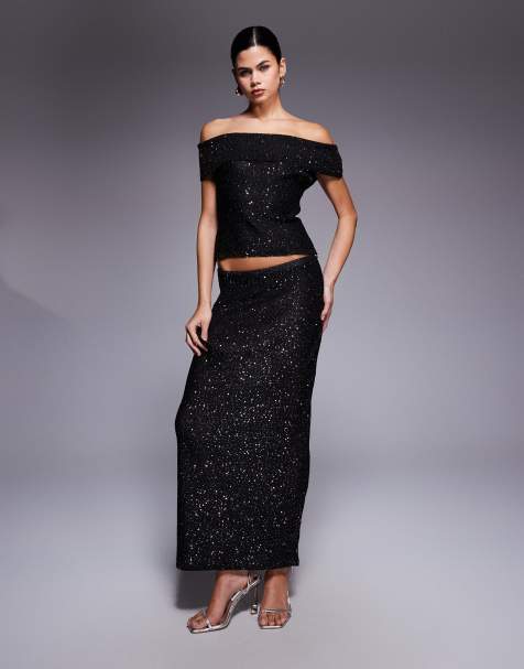Kaiia exclusive off shoulder sequin knit maxi skirt co-ord in black
