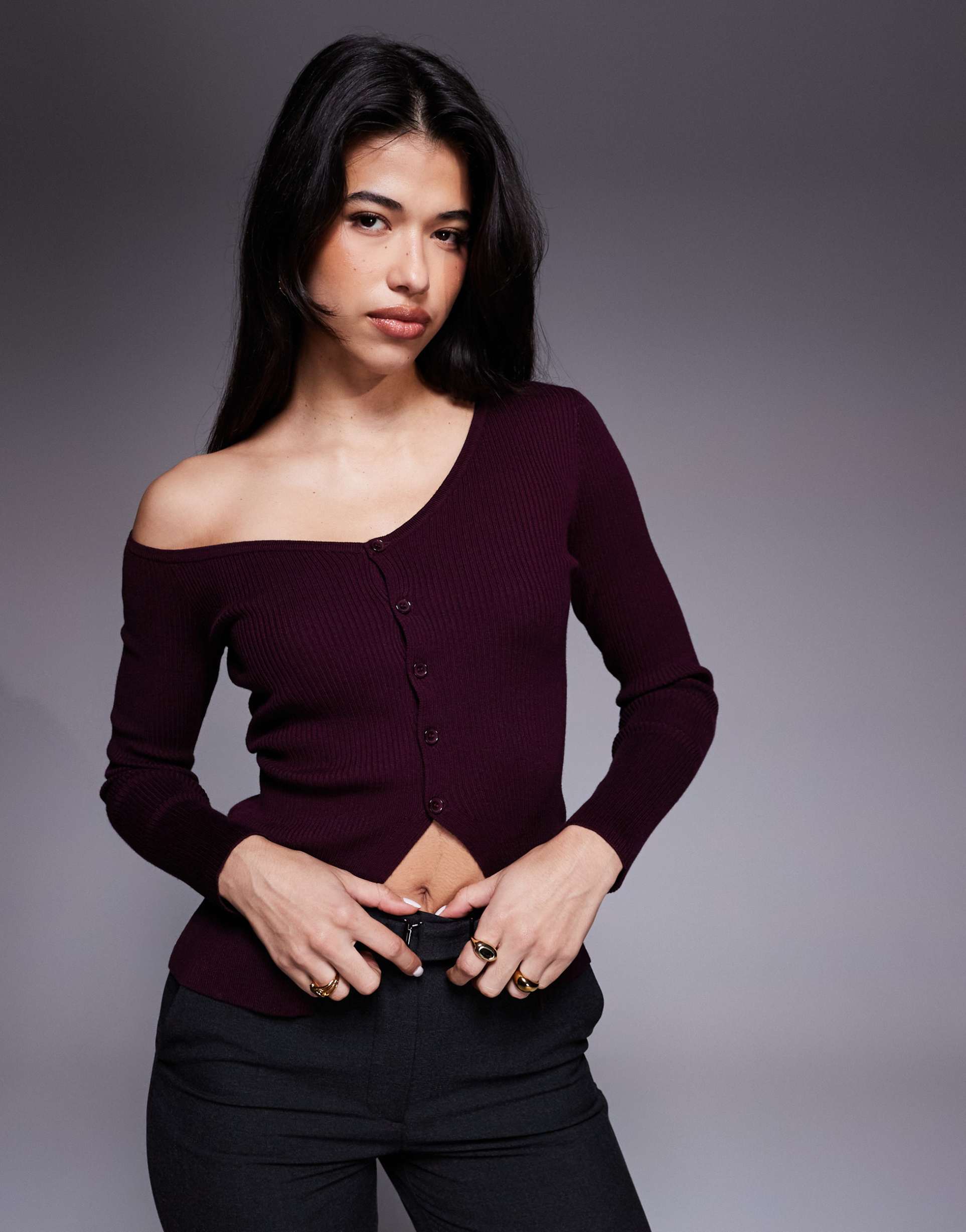 kaiia exclusive off the shoulder button split front long sleeve knit top in burgundy